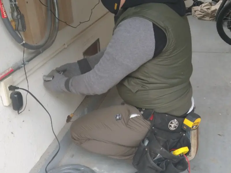Electrician performing outlet wiring in a Eaton Rapids garage